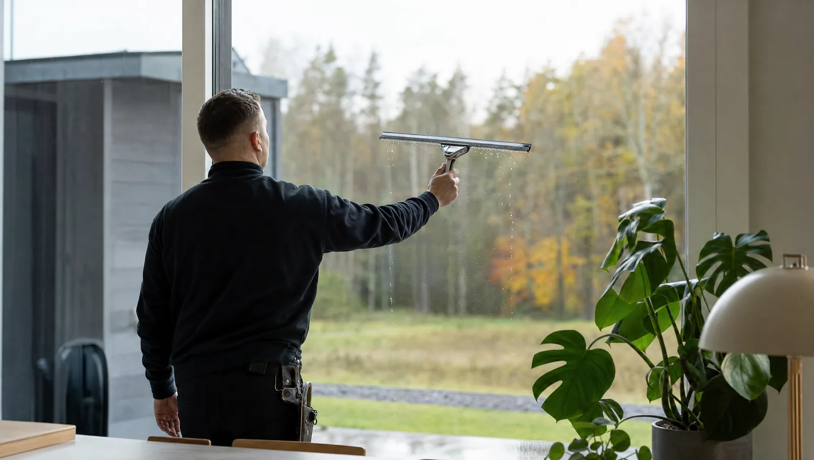 Fönsterputsare med skrapa putsar ett stort villafönster