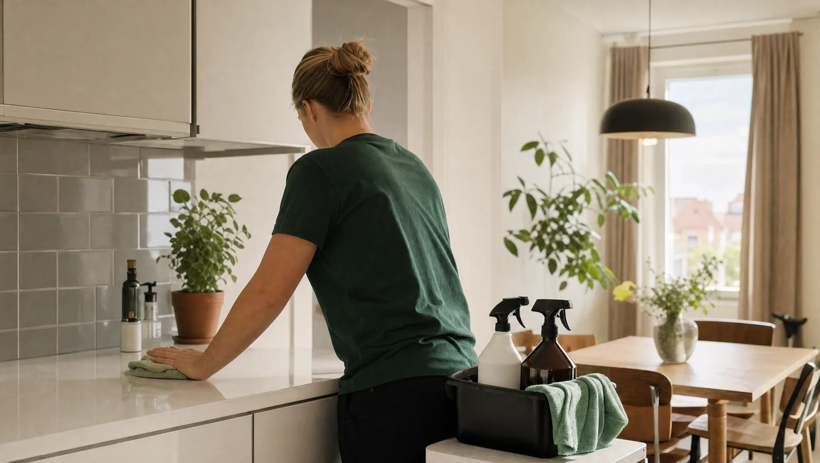 Städare torkar av köksbänken under en hemstädning i en lägenhet i Göteborg